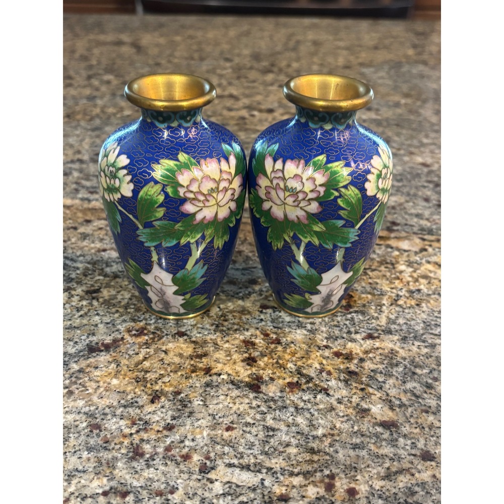 Vintage Chinese Cloisonne Miniature Enameled Vases Cobalt Blue Floral Pair 4.5"